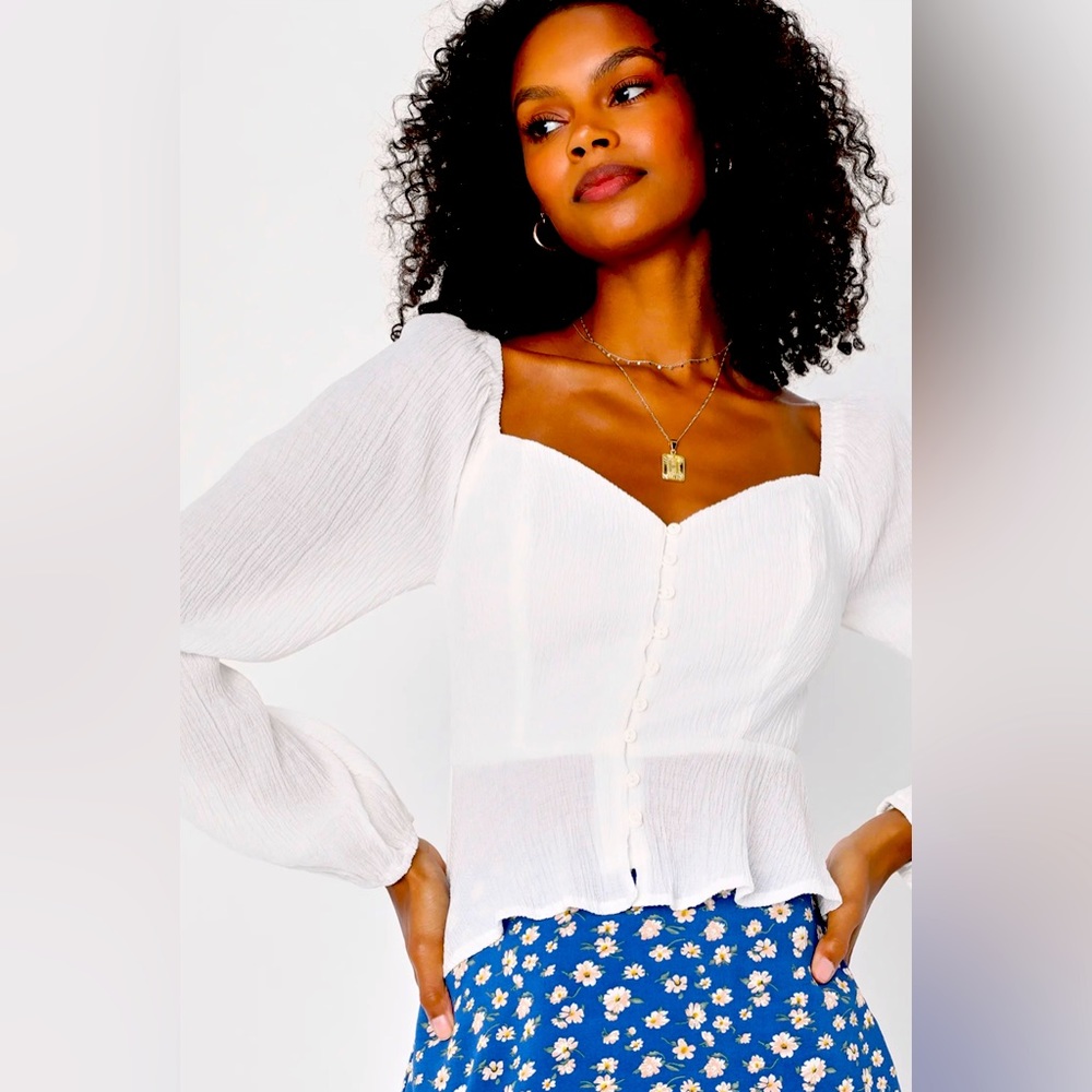 Lulus Darling Afternoon Ivory Ballon Sleeve Button-Front Top